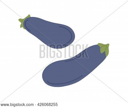 Fresh Eggplants Composition. Whole Purple Aubergines With Stems. Raw Brinjal Vegetables. Veggie Food