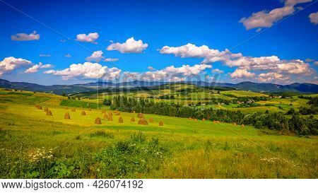 Summer Countryside Landscape With Hills And Haystacks