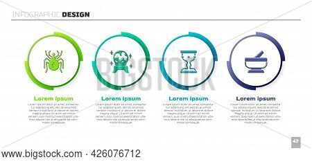 Set Spider, Magic Ball, Medieval Goblet And Mortar And Pestle. Business Infographic Template. Vector