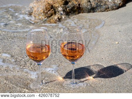 Summer Time In Provence, Two Glasses Of Cold Rose Wine On Sandy Beach Near Saint-tropez, Var Departm