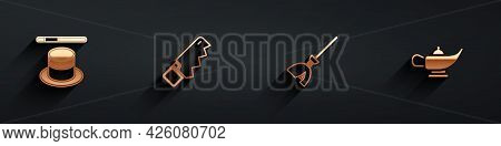 Set Magic Hat And Wand, Hand Saw, Witches Broom And Lamp Or Aladdin Icon With Long Shadow. Vector