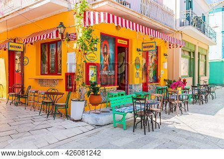 Lefkada, Greece - July 20, 2020: Street Bar In The Old Town Of Lefkada City.