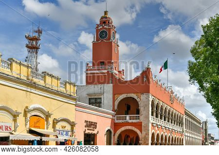 Merida, Mexico - May 24, 2021: Facade Of The City Hall (palacio Municipal) In Merida, Yucatan, Mexic