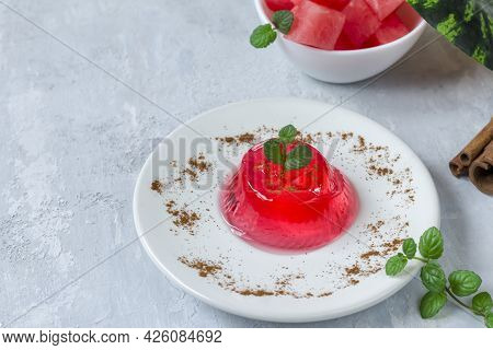 Homemade Watermelon Dessert. Gelo Di Melone, Pudding, Jelly With Mint And Cinnamon On A White Plate 