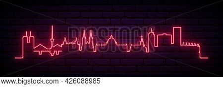 Red Neon Skyline Of Zagreb. Bright Zagreb City Long Banner. Vector Illustration.