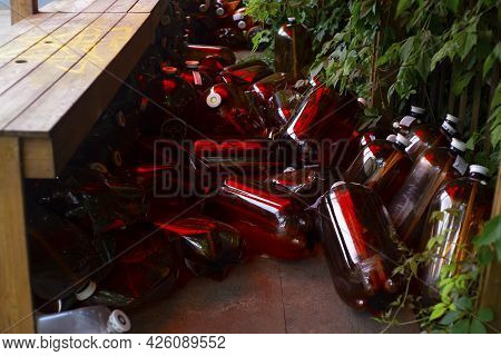 Pile Of Waste Plastic Bottles In The Forest. Plastic Bottles Garbage For Recycle. Plastic Bottle Was