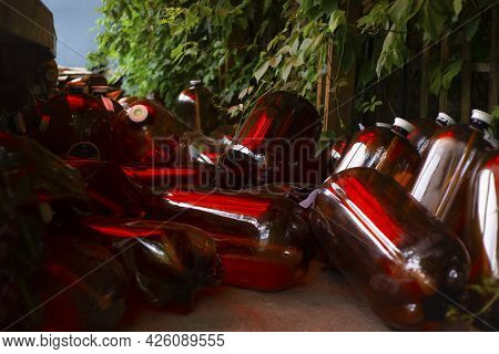 Pile Of Waste Plastic Bottles In The Forest. Plastic Bottles Garbage For Recycle. Plastic Bottle Was