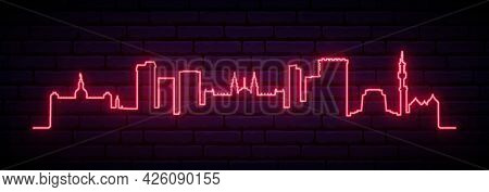 Red Neon Skyline Of Pretoria. Bright Pretoria City Long Banner. Vector Illustration.