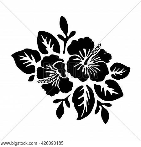 Black Tropical Exotic Hibiscus Flowers Vector Tattoo Silhouette Drawing Illustration.hawaiian Floral