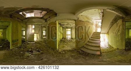 Spherical Panorama 360 Degrees Of Ruined Staircase In Abandoned Building With Shabby Walls And Windo