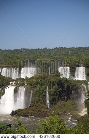 Beautiful Landscape Of Powerful Foz Do Iguaçu Waterfall Brazil.