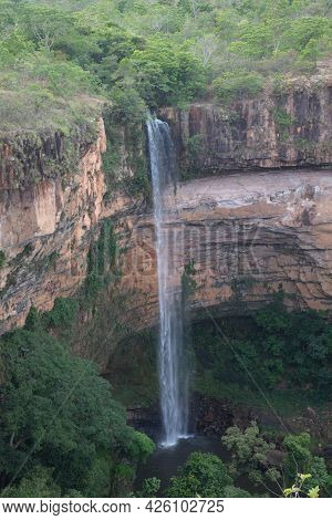 Beautiful Landscape Of Powerful Chapada Dos Guimarães Waterfall Brazil.