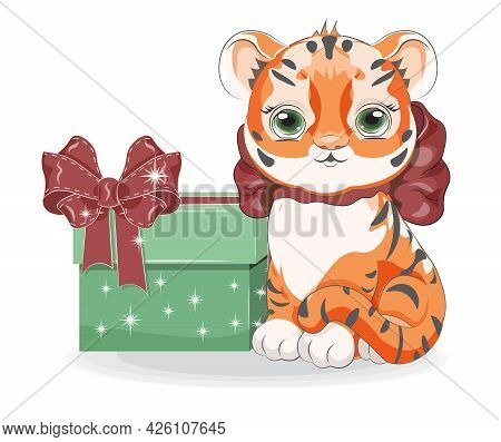 Cute  Baby Tiger Symbol 2022, 2034 Haooy New Year With Bow Znd Gift, Picture In Hand Drawing Cartoon