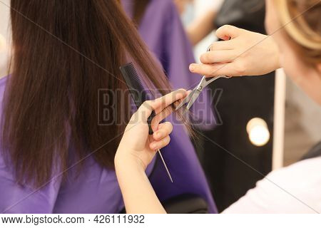 Professional Stylist Cutting Client's Hair In Salon, Closeup