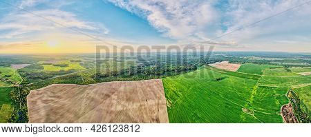 Aerial View Of Agricultural And Green Fields In Countruside. Nature Landscape In Summer Day, Panoram