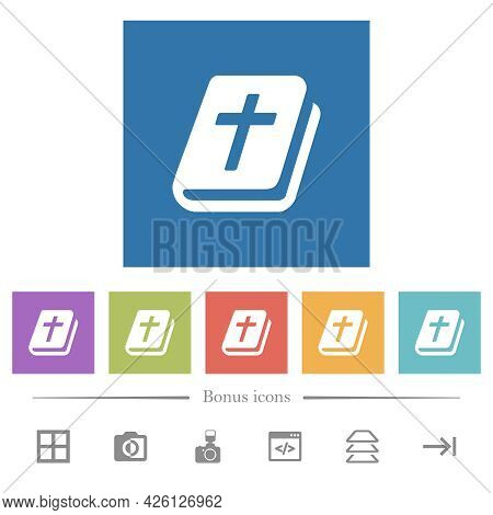 Holy Bible Flat White Icons In Square Backgrounds. 6 Bonus Icons Included.