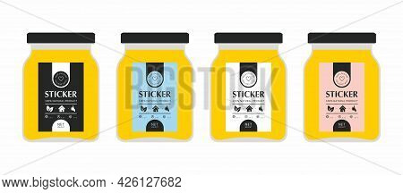 Set Of Colored Vector Jars With Labels. Ghee Labels. Template For A Sticker On A Glass Jar.