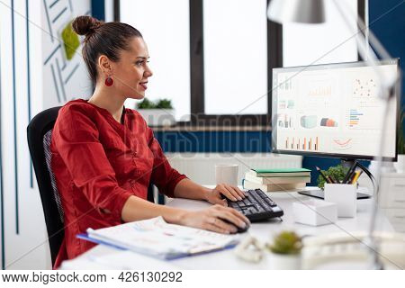 Successful Businesswoman Working On Computer In Company Office, Analyzing Financial Charts On Comput