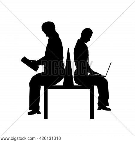 Silhouette Of Two People Sitting On A Bench Isolated On A White Background. One Person Is Reading A 