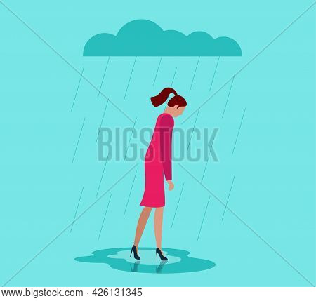 Unhappy Depressed Loneliness Sad Woman In Stress With Negative Emotion Problem Walking Under Rain Cl