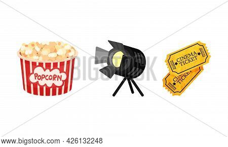 Inematography As Motion-picture And Film Symbols With Tickets And Popcorn Vector Set