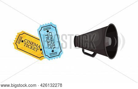 Inematography As Motion-picture And Film Symbols With Tickets And Megaphone Vector Set