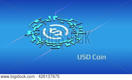 Usd Coin Usdc Isometric Token Symbol In Digital Circle On Blue Background. Cryptocurrency Icon For B