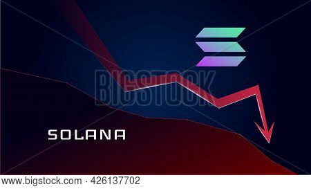 Solana Sol In Downtrend And Price Falls Down. Cryptocurrency Coin Symbol And Red Down Arrow. Crushed