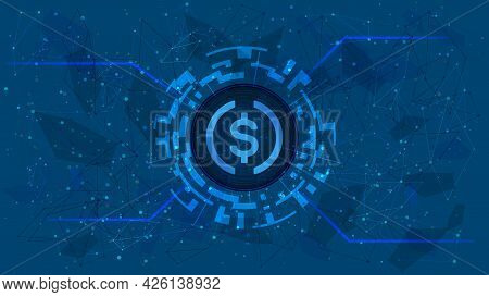 Usd Coin Usdc Token Symbol In Digital Circle With Cryptocurrency Theme On Blue Background. Cryptocur