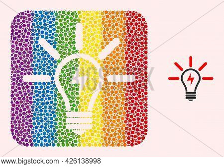 Dot Mosaic Electric Light Bulb Carved Icon For Lgbt. Rainbow Colored Rounded Rectangle Mosaic Is Aro