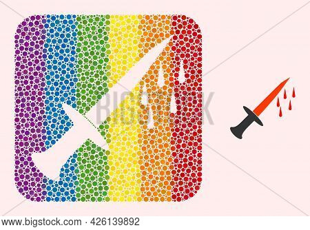 Dotted Mosaic Blood Sword Subtracted Icon For Lgbt. Multicolored Rounded Rectangle Mosaic Is Around 