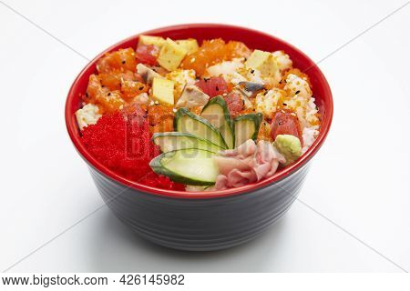 Salmon Sashimi (salmon Don) And Salmon\'s Egg (ikura) With Rice On White Background.
