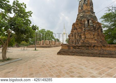 Ruin Of Old Pagoda At Phukhao Thong In Ayutthaya, Thailand.