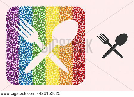 Dot Mosaic Spoon And Fork Carved Pictogram For Lgbt. Color Rounded Rectangle Mosaic Is Around Spoon 