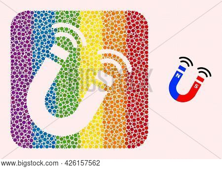 Dotted Mosaic Magnet Field Hole Icon For Lgbt. Rainbow Colored Rounded Square Mosaic Is Around Magne