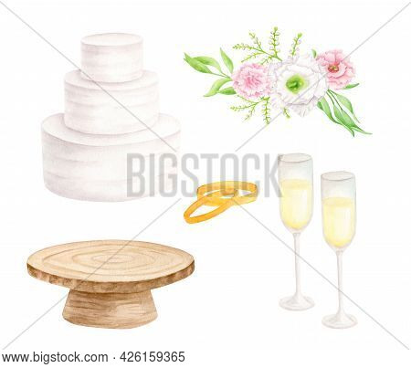 Watercolor Wedding Set. Hand Painted Tiered White Cream Cake, Rustic Wood Cake Stand, Champagne Glas
