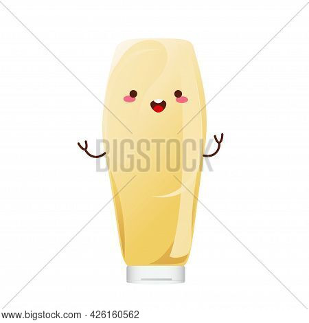Mayonnaise Cute Character In Glass Bottle. Jar With White Sauce. Condiment Container In Cartoon Styl