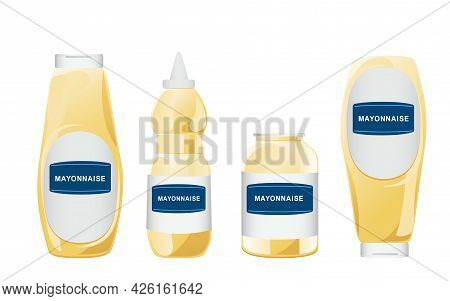 Mayonnaise In Glass Bottles Set. Jars With White Sauce. Condiment Containers In Cartoon Style. Vecto