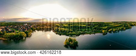 Panoramic drone aerial view of Manvers Lake, Rotherham, South Yorkshire, Wath upon Dearne