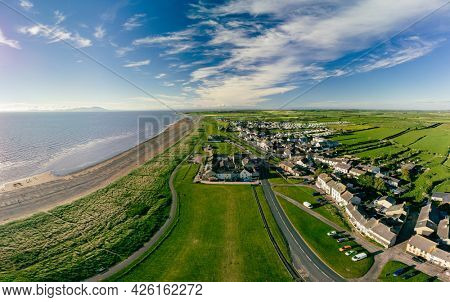 Aerial drone view of Allonby village beach in Allerdale district in Cumbria, UK