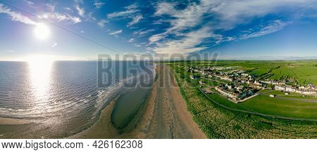 Aerial drone view of Allonby village beach in Allerdale district in Cumbria, UK