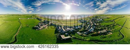 Aerial drone view of Allonby village beach in Allerdale district in Cumbria, UK