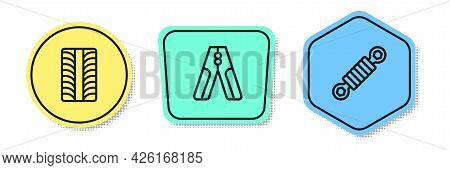 Set Line Car Tire Wheel, Battery Jumper Power Cable And Shock Absorber. Colored Shapes. Vector