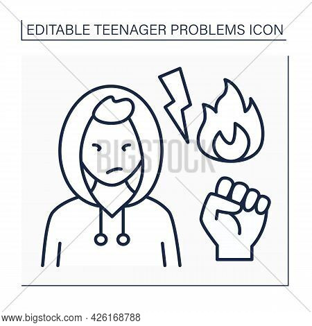 Aggression Line Icon. Aggressive Behaviour To Friends, Family. Inferiority Feelings, Anxiety, And Ov