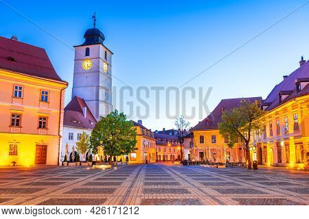 Sibiu, Romania. Picturesque Medieval Downtown, Scenic Travel Place In Transylvania.