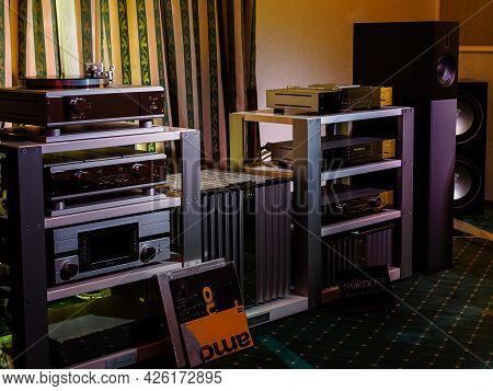 Moscow, Russia - May 23, 2021: Audio Systems
Burmester - Turntable, Floorstanding Speakers, Preamp, 