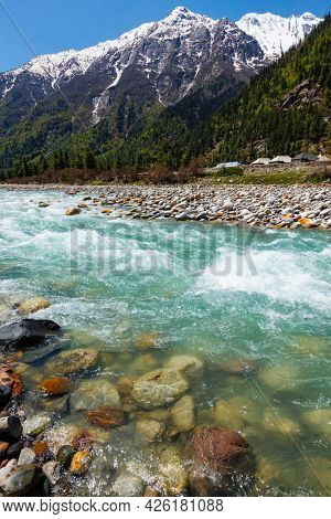 Baspa river in Himalayas mountains. Sangla Valley, Himachal Pradesh, India