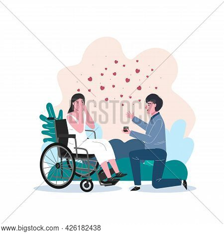 Unconventional Wedding. Incapacitated Person Marriage. Happy Woman Accepts A Proposal.
