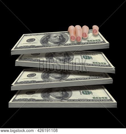 A Woman's Hand Is Seen Grabbing A Stack Of One Hundred Bills In This 3-d Illustration About Money Gr