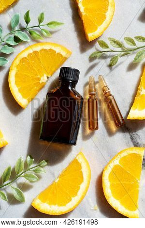 Citrus Fruit Vitamin C Serum Oil Beauty Care Bottle And Ampulas, Anti Aging Natural Cosmetic, Labora